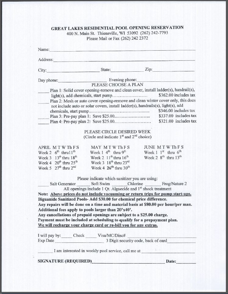 2015 residential pool opening reservation sign up form great lakes 262 form